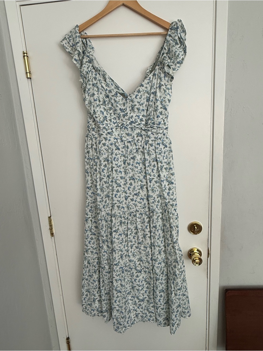 Cesca White Maxi Dress with Blue Floral Pattern